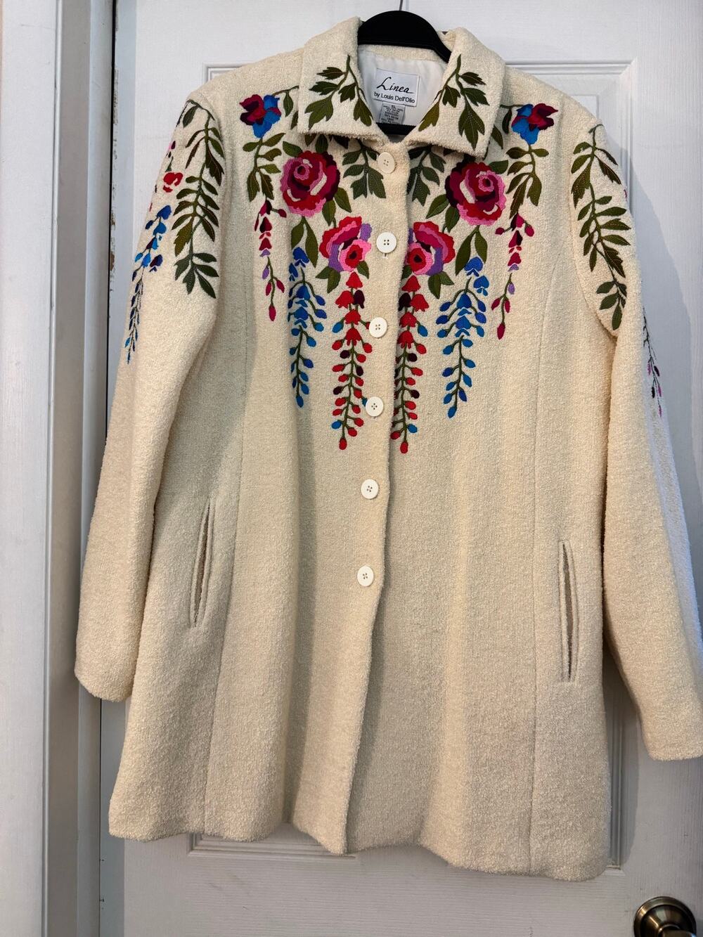 Linea by Louis Dell'Olio Cream Wool Blend Embroidered Floral Boucle Coat Size XL